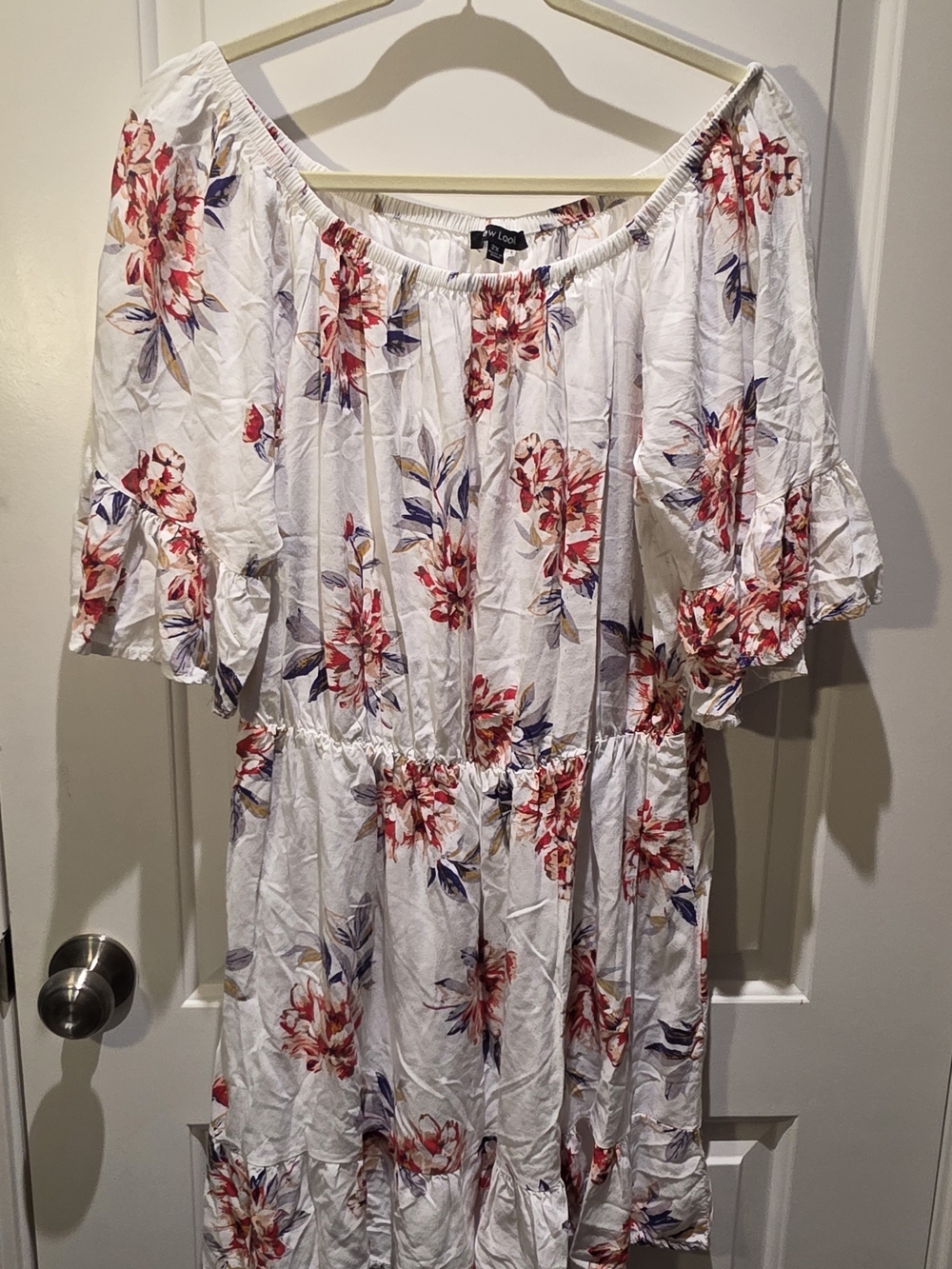 New Look White Floral Off-Shoulder Mini Dress with Red and Blue Accents